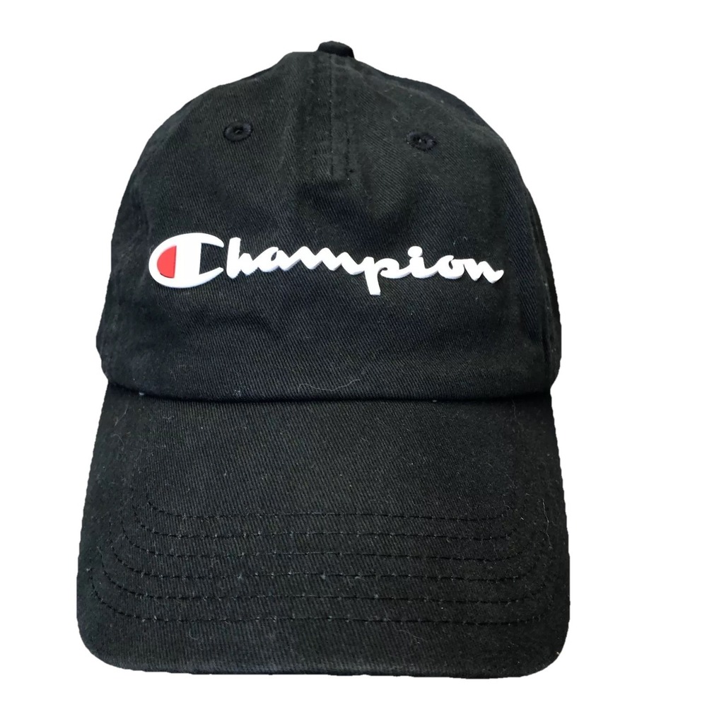 Champion Hat Cap Strap Back Black White Spellout Logo Gym Dad Baseball Adult